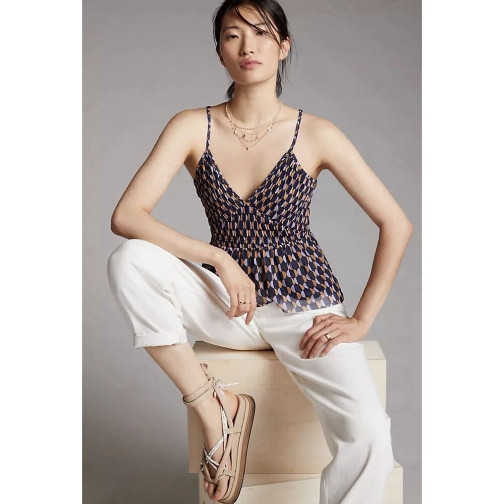 NWT Anthropologie Multicolor Mesh V-Neck Tank Top Blue Motif Women’s Size Small